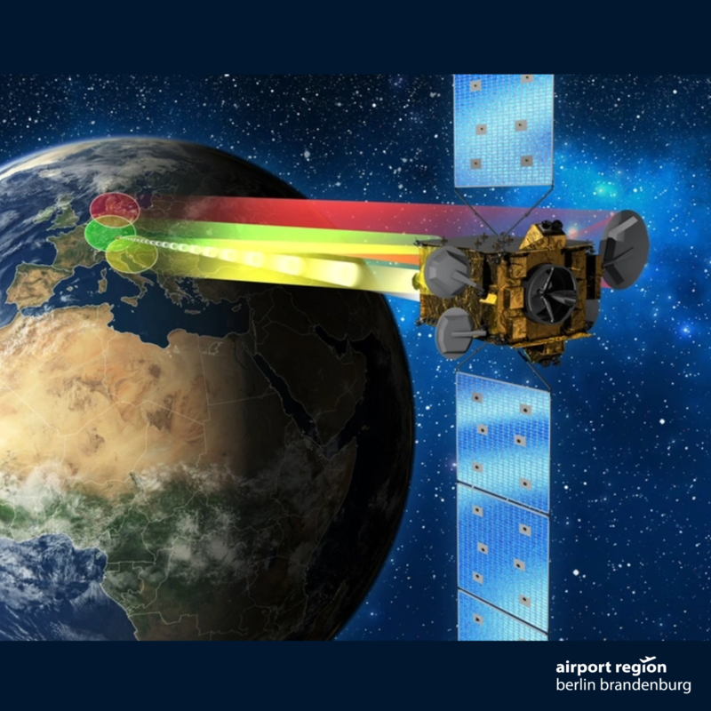 Bild ist eine animierte Grafik der Erde mit Blick aus dem All, im vordergrund ist eine Satellit zu sehen mit farblichen Linien zur Erde. Dies symbolisert den Datenaustausch mit der Erde. 