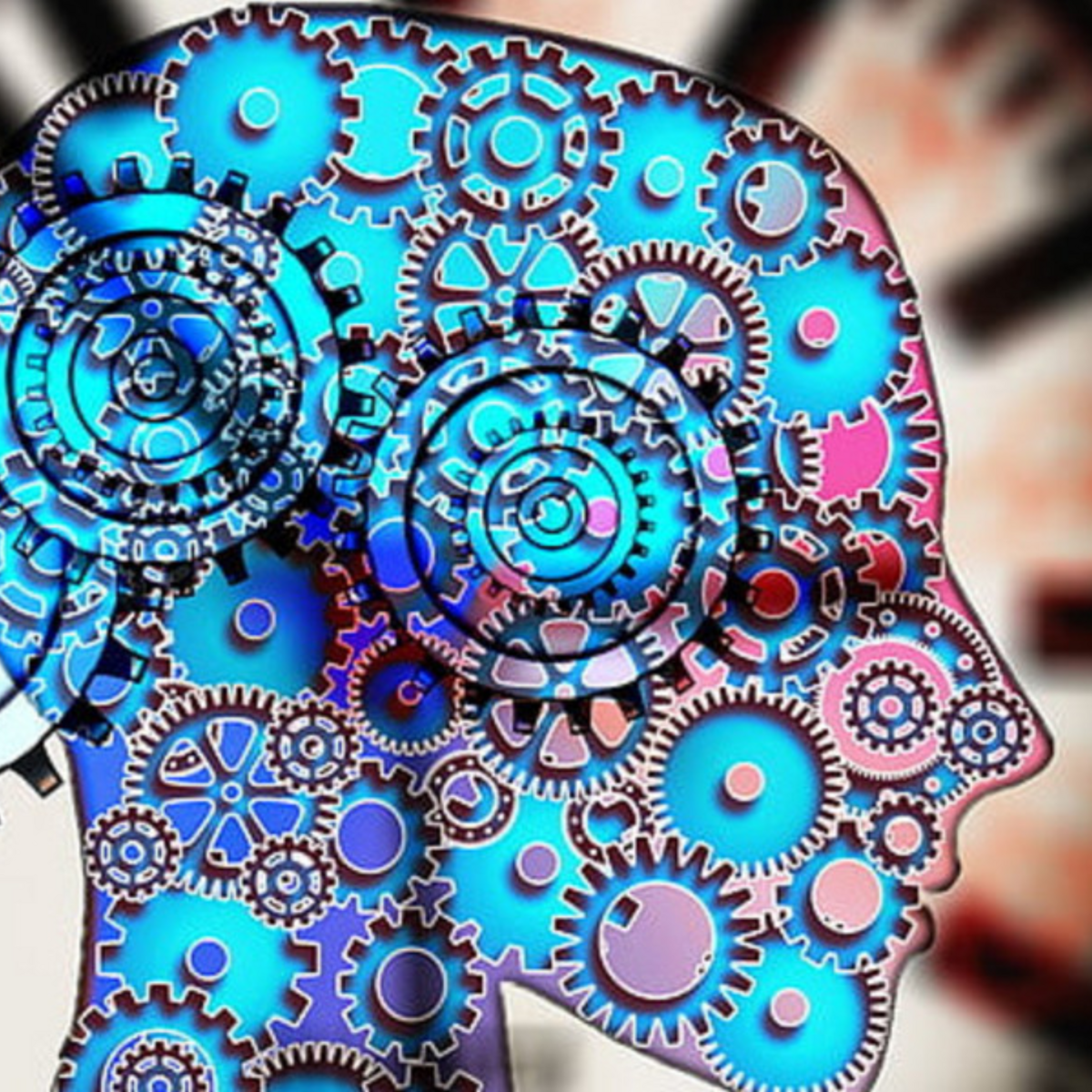 Bild zeigt einen schematischen Menschenkopf mit ganz vielen Zahnrädern im Inneren - verbildlicht den Menschen als Uhrengehäuse, in dem innen viele Zahnräder ineinandergreifen
