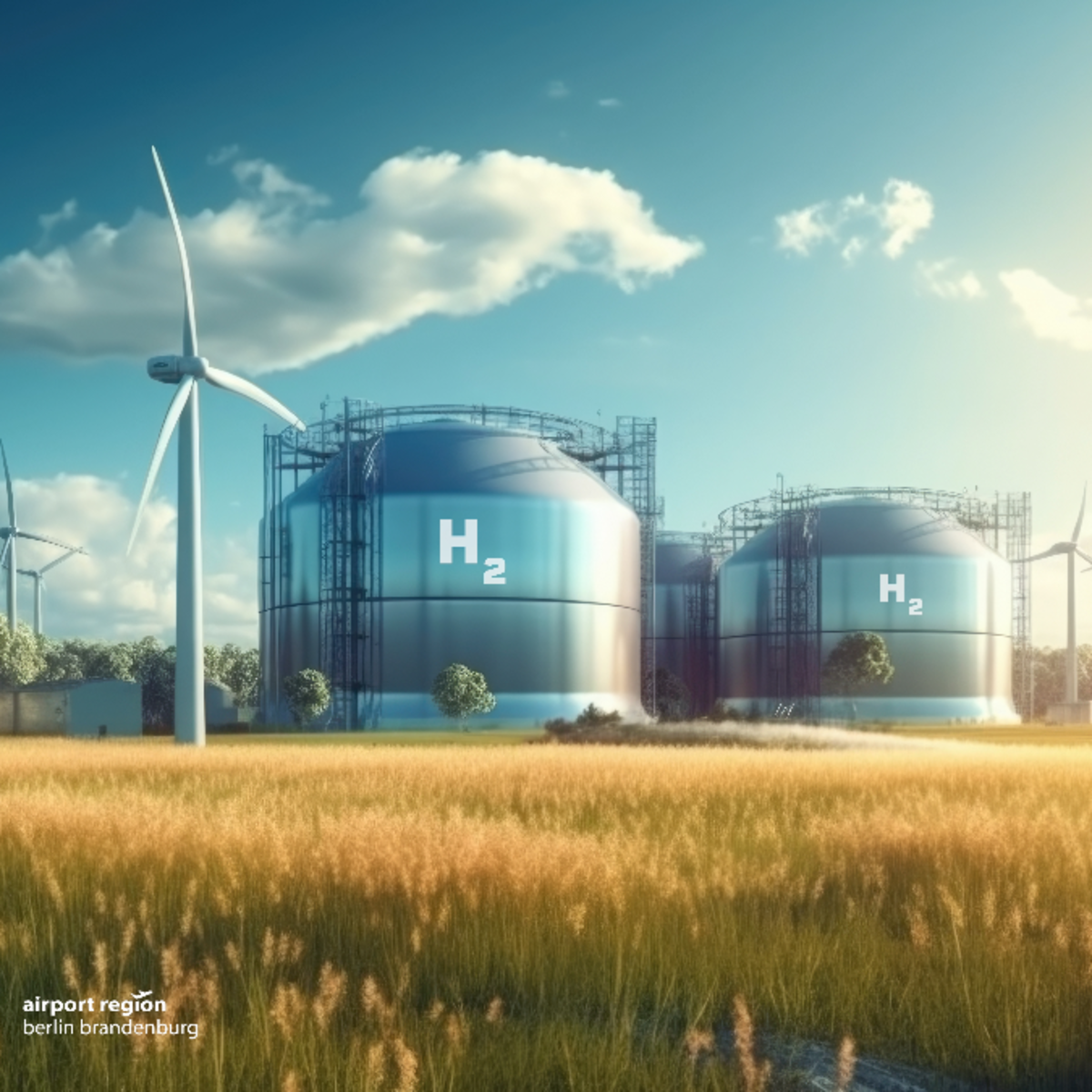 Animierte Darstellung von Windrädern und Wasserstofftanks auf einem Weizenfeld als Symbol für eine gelungene Energiewende