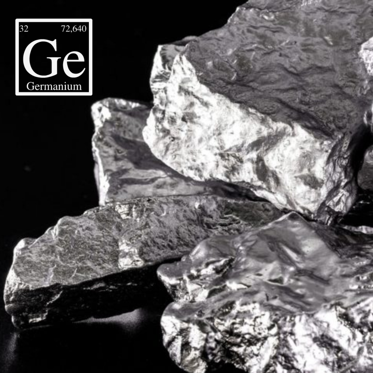 Silberne Bruchstücke des Halbleitermaterials Germanium und der Abbildung des Elements mit den Buchstaben GE aus dem Periodensystem.