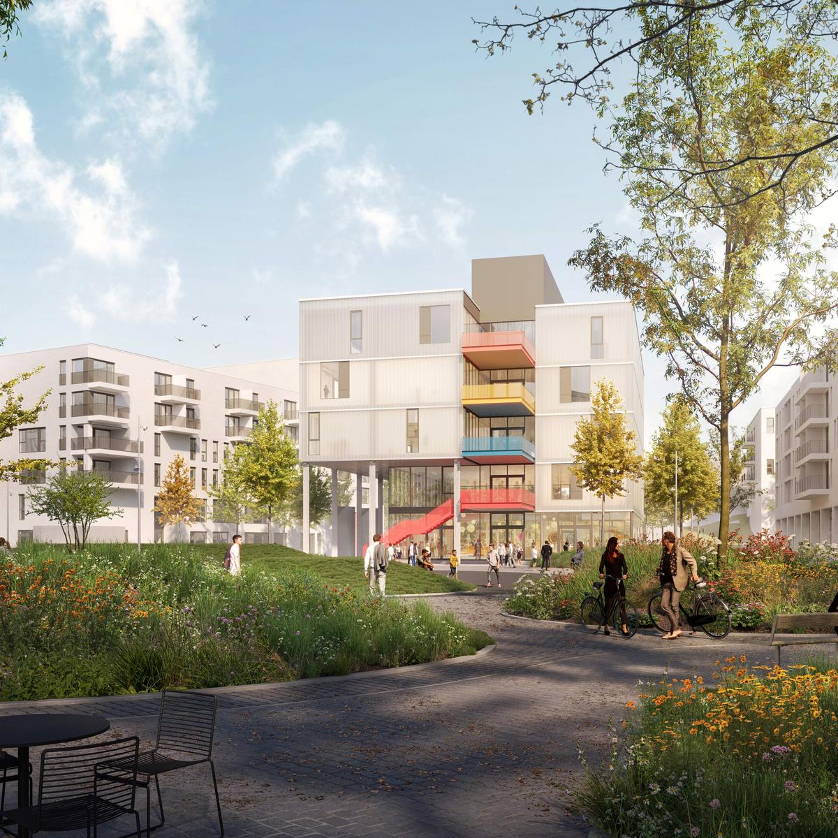 Das Quartiersgebäude bietet den Bewohnerinnen und Bewohnern unter anderem Fitnessräume, einen Shop sowie quartiersbezogene Einrichtungen.