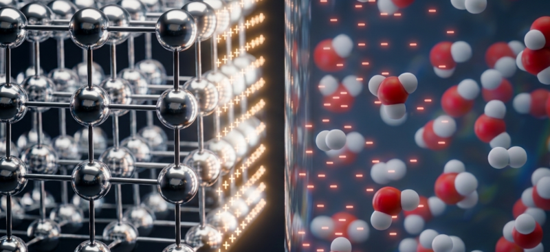 Die Visualisierung zeigt die Grenzschicht, die sich zwischen der festen, kristallinen Elektrode und dem flüssigen Elektrolyten bildet. Innerhalb dieser Schicht finden Ladungstrennung und chemische Reaktionen statt. Das neue Modell beschreibt diese Prozesse und hilft bei der Entwicklung und Verbesserung von Elektrokatalysatoren.