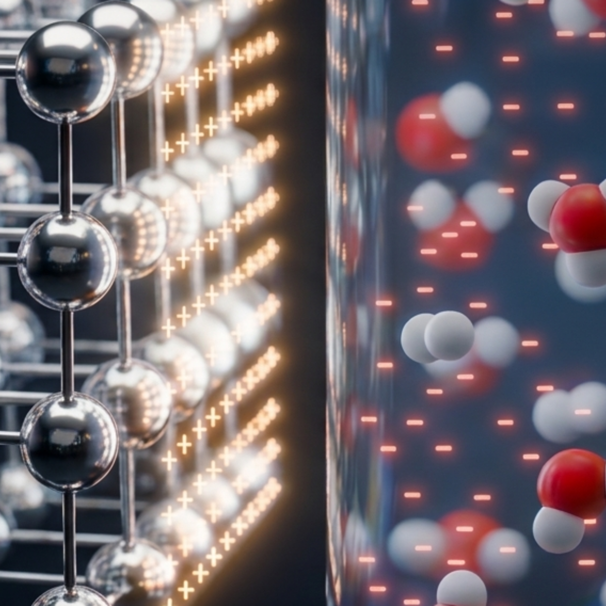 Die Visualisierung zeigt die Grenzschicht, die sich zwischen der festen, kristallinen Elektrode und dem flüssigen Elektrolyten bildet. Innerhalb dieser Schicht finden Ladungstrennung und chemische Reaktionen statt. Das neue Modell beschreibt diese Prozesse und hilft bei der Entwicklung und Verbesserung von Elektrokatalysatoren.