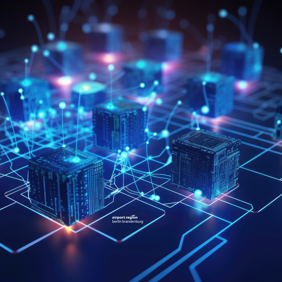 Schematische Darstellung eines Quantencomputers: man sieht animierte Leitungen und Lichtpunkte auf einer Leiterplatte