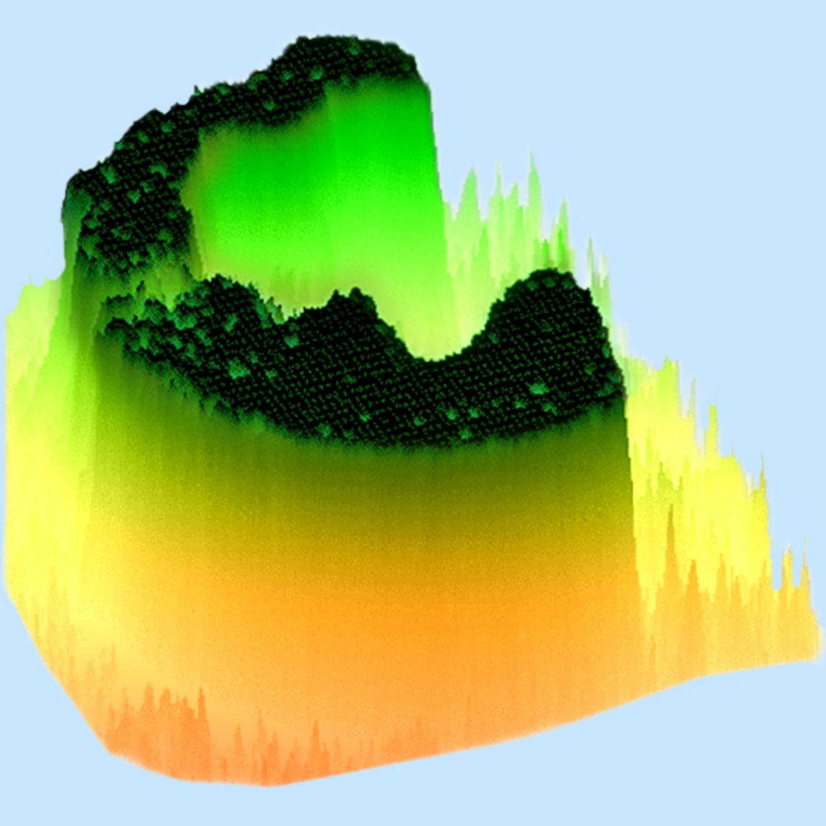 Bild zeigt 3D-Grafik eines Messvorgangs bei einem elektrochemischen Prozess. Man sieht unterschiedlich farblich markierte Schichten - ganz oben ist eine schwarze Schicht zu sehen, die eine Ansammlung von Nickel-Ionen darstellen.
