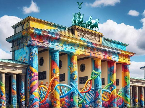 KI-generierte Ansicht des Berlin "Brandenburger Tor", welches bunt bemalt ist und durch das bunte DNA-Helix quillt.