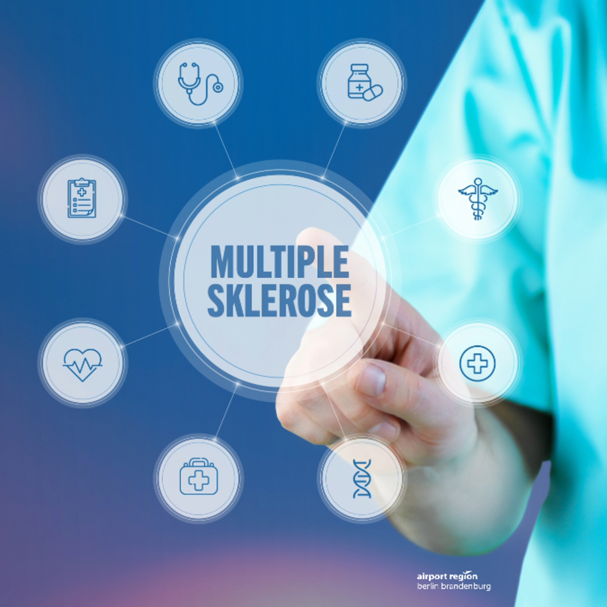 Bild zeigt medizinische Person im Bildausschnitt, mit Stetoskop um den Hals, die mit einem Finger auf eine animierte Fläche tippt. Die Animation ist eine Anordnung von Kreisen um das Wort "Mutliple Sklerose", In den Kreisen sind medizinische Piktogramme.