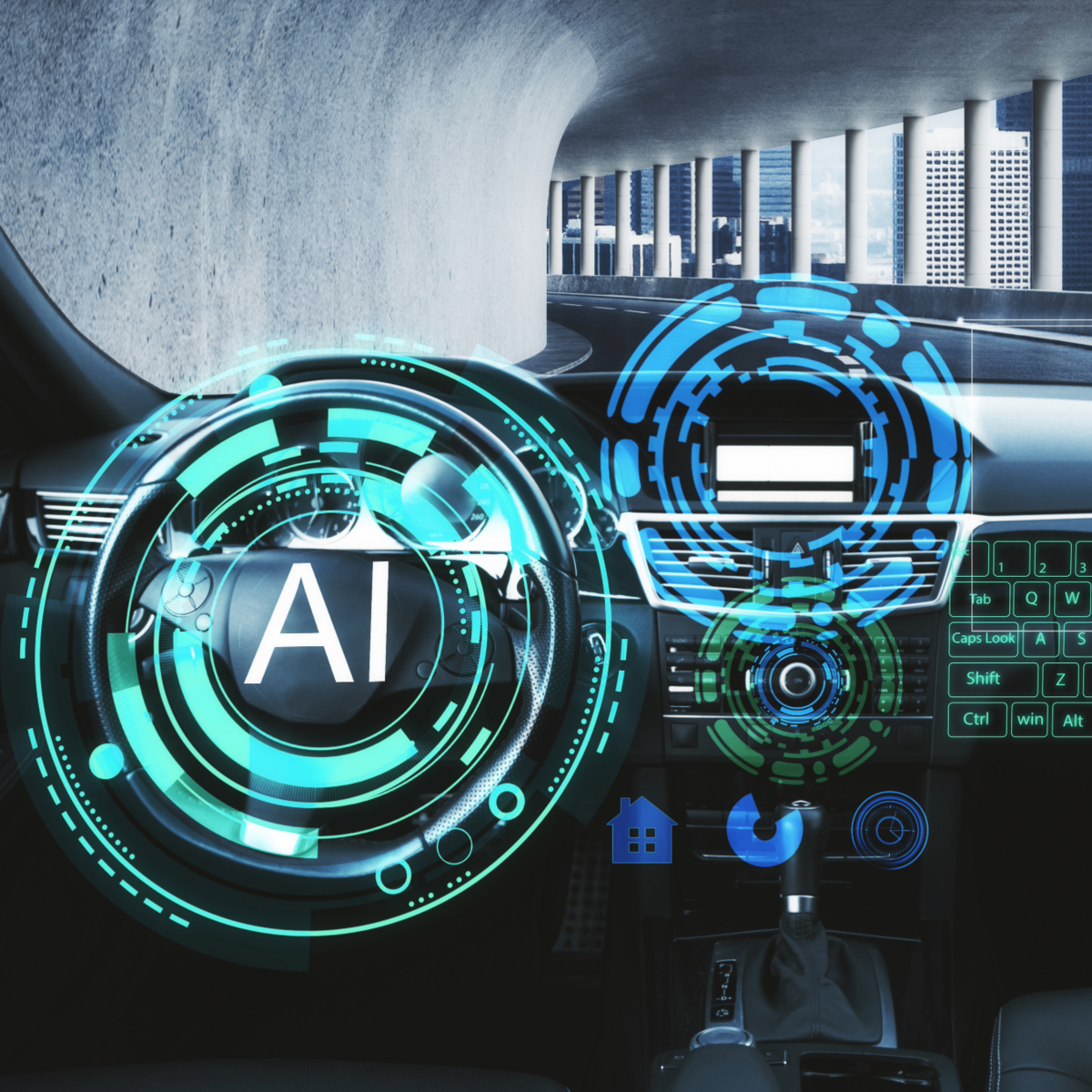 Bild zeigt den Blick aus einem Autocockpit in einen Autotunnel - animierte Grafiken deuten an, dass künstliche Intelligenz das Auto bedient bzw. die Funktionen bequemer steuerbar macht.