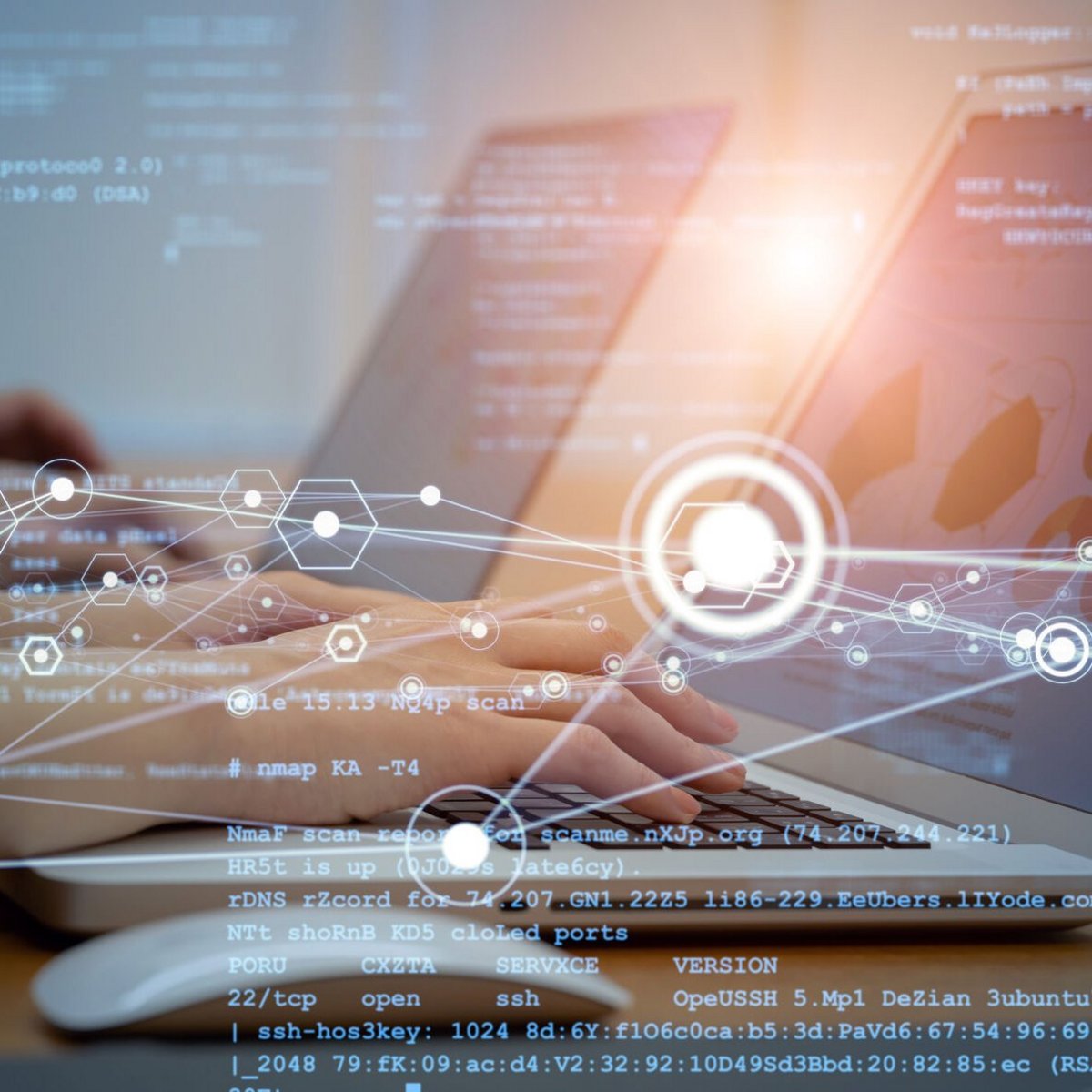 Bild zeigt zwei Laptops im Hintergrund, im Vordergrund ein schematische Darstellung eines Netzwerks, Programmiercodeelemente sind sichtbar. Das Bild ist ein Synonym für Digitalisierung.