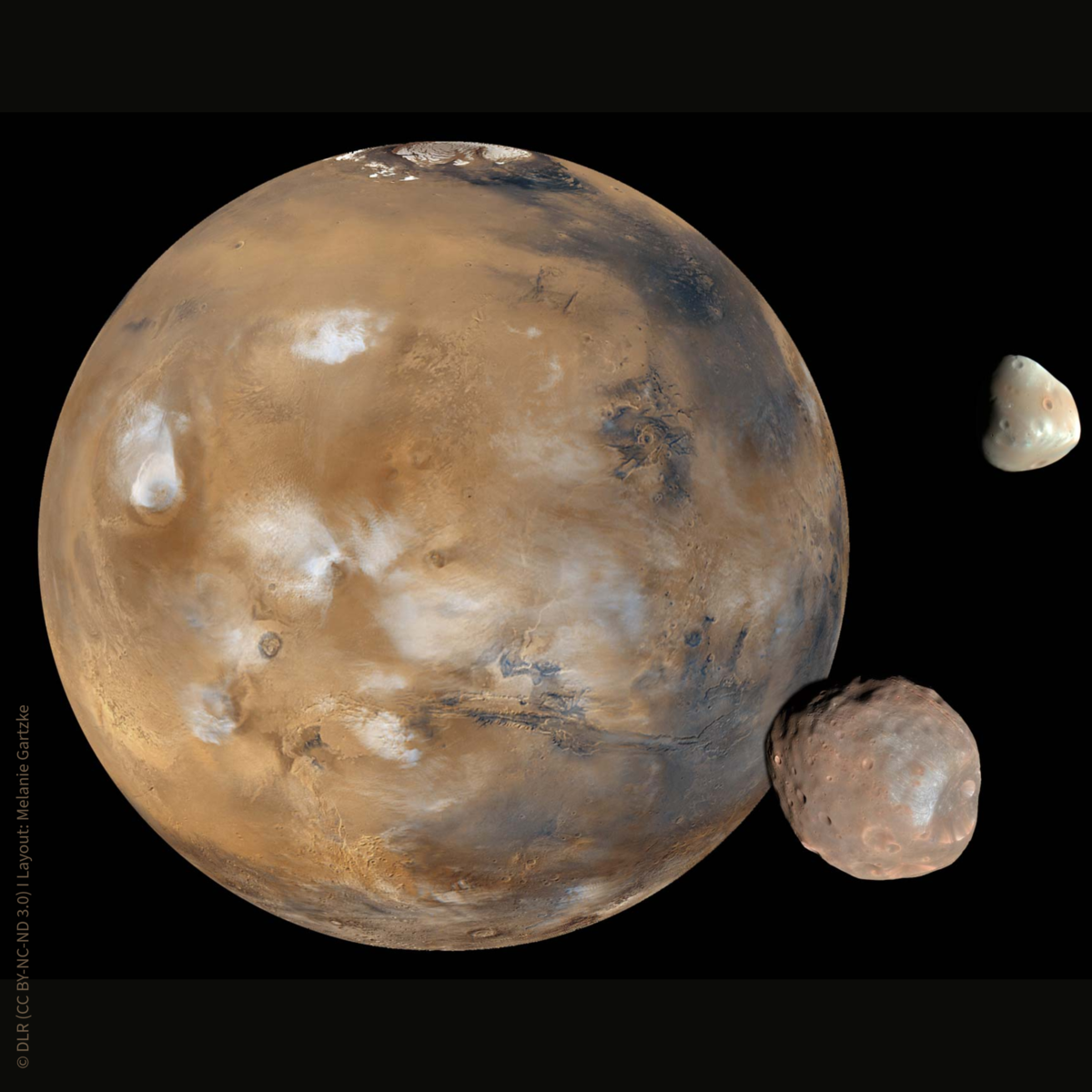 Bild zeigt den Planeten Mars mit seinen beiden Monden Phobos und Deimos.