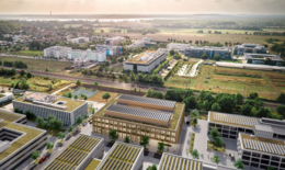 Bild zeigt ein Luftbild mit bestehenden und geplanten Gebäuden im Science Park Potsdam. Man sieht Wohnsiedlungen und ein großes Areal mit Forschungsgebäuden.