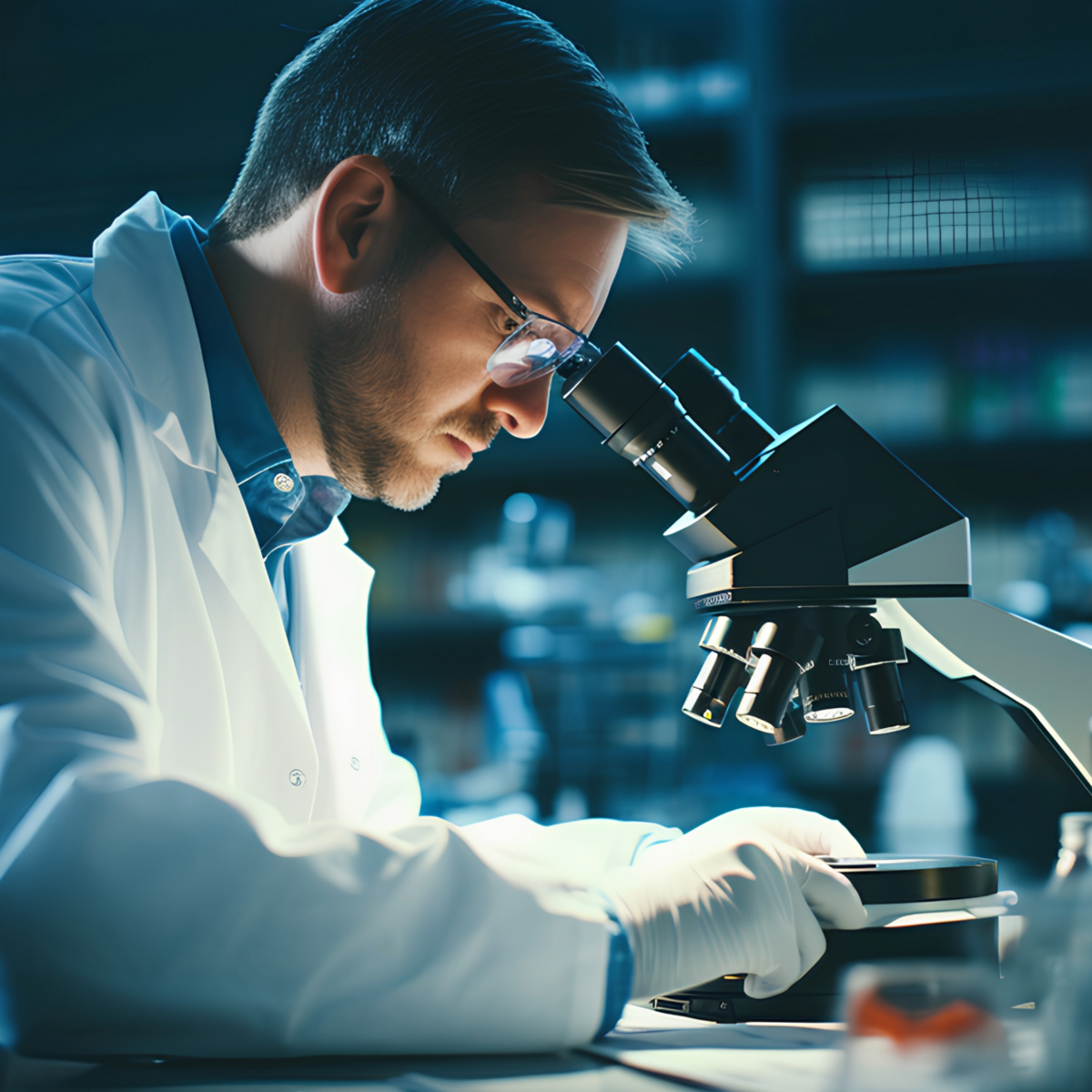 Bild zeigt Forscher von der Seite, der an seinem Platz vor einem Mikroskop sitzt. Er schaut sich eine Forschungsprobe an.