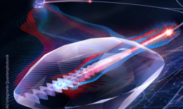 Schematische Darstellung von Defektzentren in Diamant-Nanostrukturen: Sie können als Quantenbits verwendet werden. Mit Hilfe von Quantenoperationen (Verschränkung) kann Quanteninformation in emittierten Einzelphotonen gespeichert und in optischen Fasern im zukünftigen Quanteninternet übertragen werden.