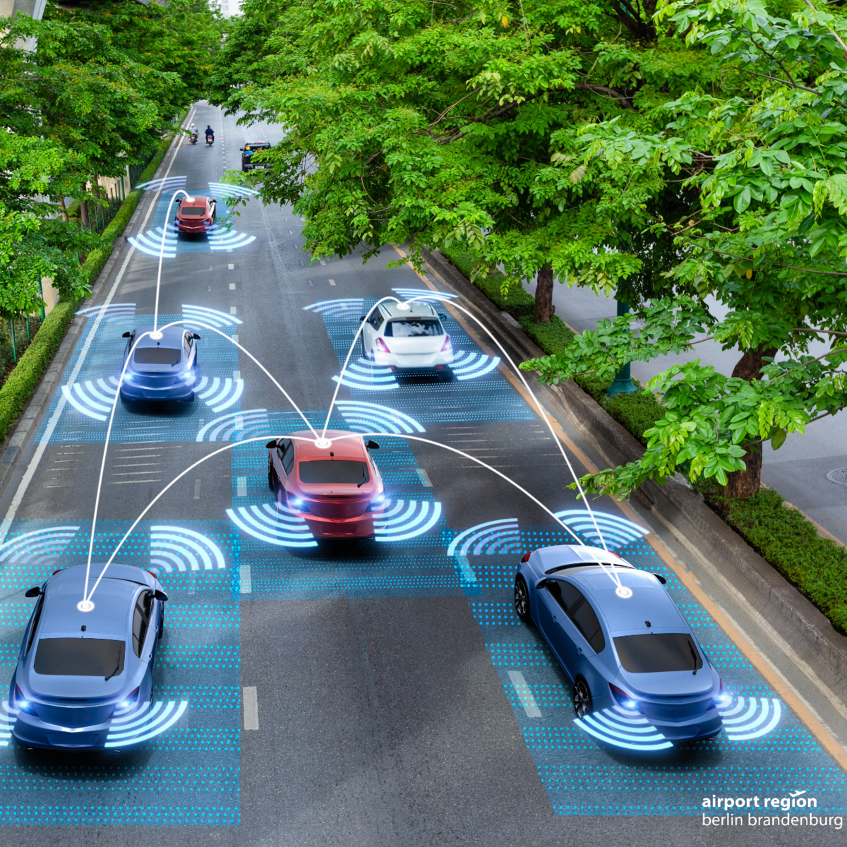 Bild zeigt Anmation von Autos auf einer mehrspruigen Straße, die autonom fahren und sich gegenseitig erkennen.