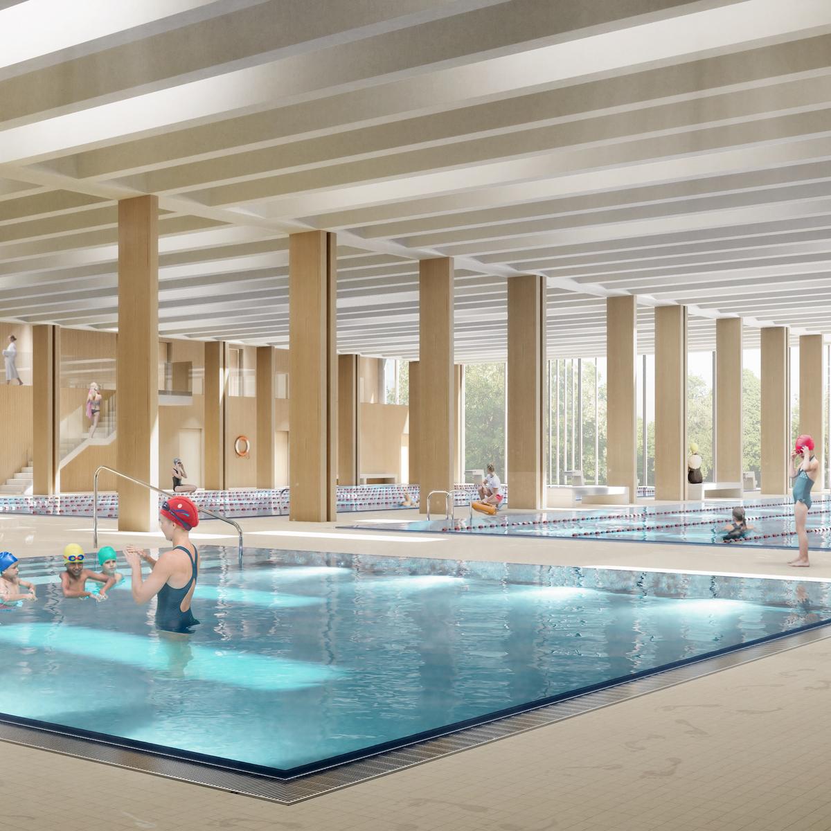 Visualisierung des künftigen Quartiers Holzmarkt 51 in Berlin Friedrichshain, Schwimmhalle. 