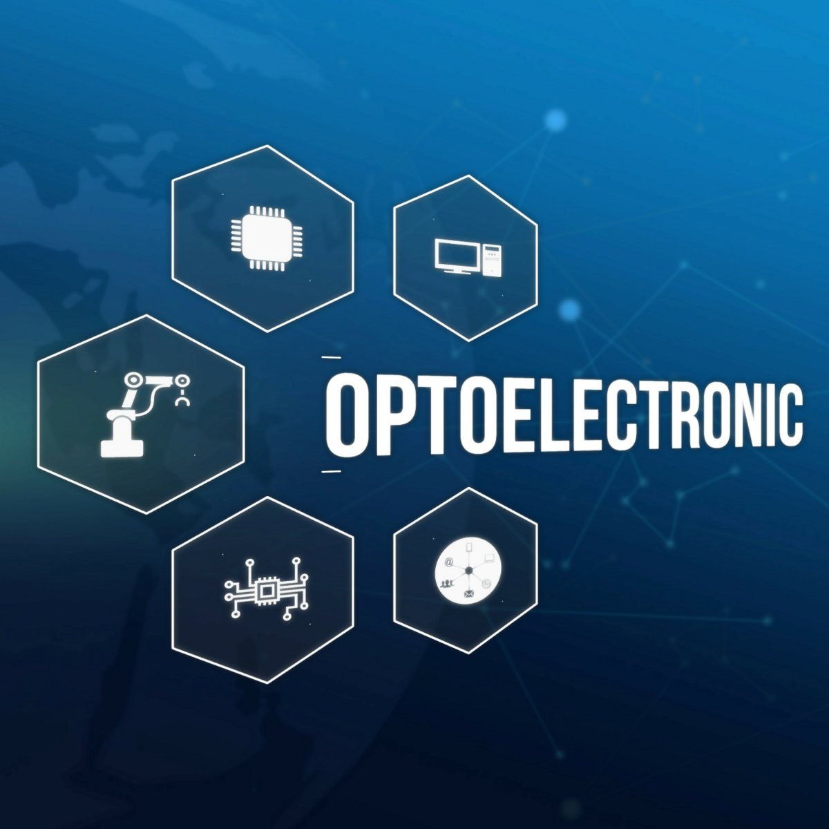 Bild zeigt einen blauen Hintergrund als Farbverlauf. Darauf befinden sich Wabengrafiken mit Symbolen zu Elektronikkategorien wie Robotik, Halbleiter- und Chipproduktion. Diese Waben sind um das englische Wort "Optoelectronic" angeordnet.