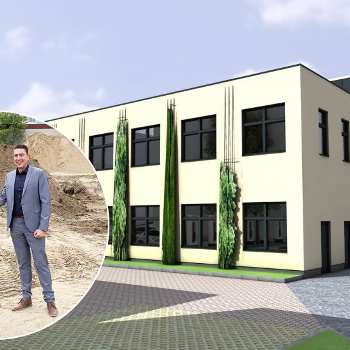 Visualisierung der geplanten Halle – Head of ESG Erik von Stockhausen und Head of Joint Venture Johannes Mueller beim Spatenstich