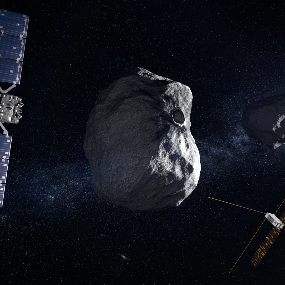 Die Raumsonde Hera der ESA untersucht ab 2026 für sechs Monate den Doppelasteroiden Didymos und seinen Mond Dimorphos, um die Veränderungen ihrer Umlaufbahn und Form seit dem DART-Einschlag 2022 zu analysieren. Mit zwölf Messinstrumenten, darunter zwei Kameras zur Navigation, und den CubeSats Juventas und Milani, die auf Dimorphos landen werden, misst Hera Oberflächenbeschaffenheit, innere Struktur und Gravitation des Asteroiden.