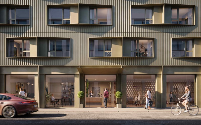 Architekturvisualisierung des geplanten Neubaus von Townscape in Berlin-Kreuzberg mit Serviced Apartments und Gewerbeflächen, Frontansicht