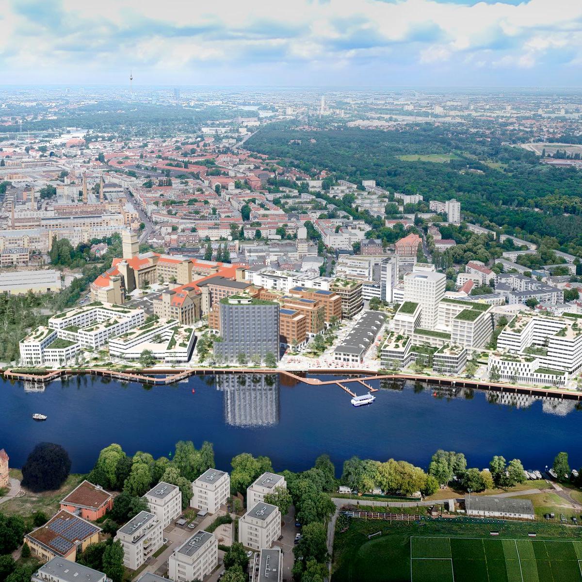 Drohnenaufnahme zur Nachricht: DIEAG schließt Architekturwettbewerb für Hochpunkte am Behrens-Ufer ab