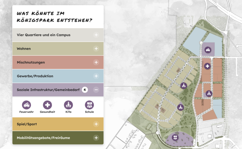 "Eine interaktive Karte erlaubt Besuchern der Webseite die einzelnen Nutzungen im „Königspark“ zu lokalisieren.". 