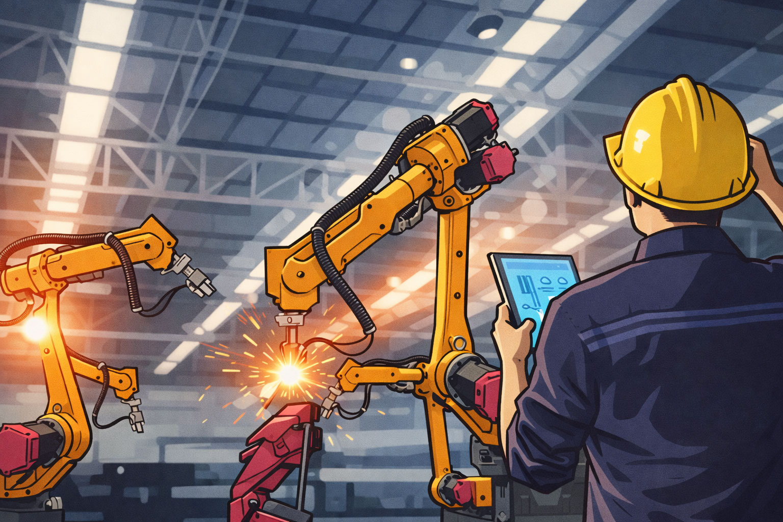 Ein Arbeiter steuert einen Industrieroboter mithilfe eines Tablets.