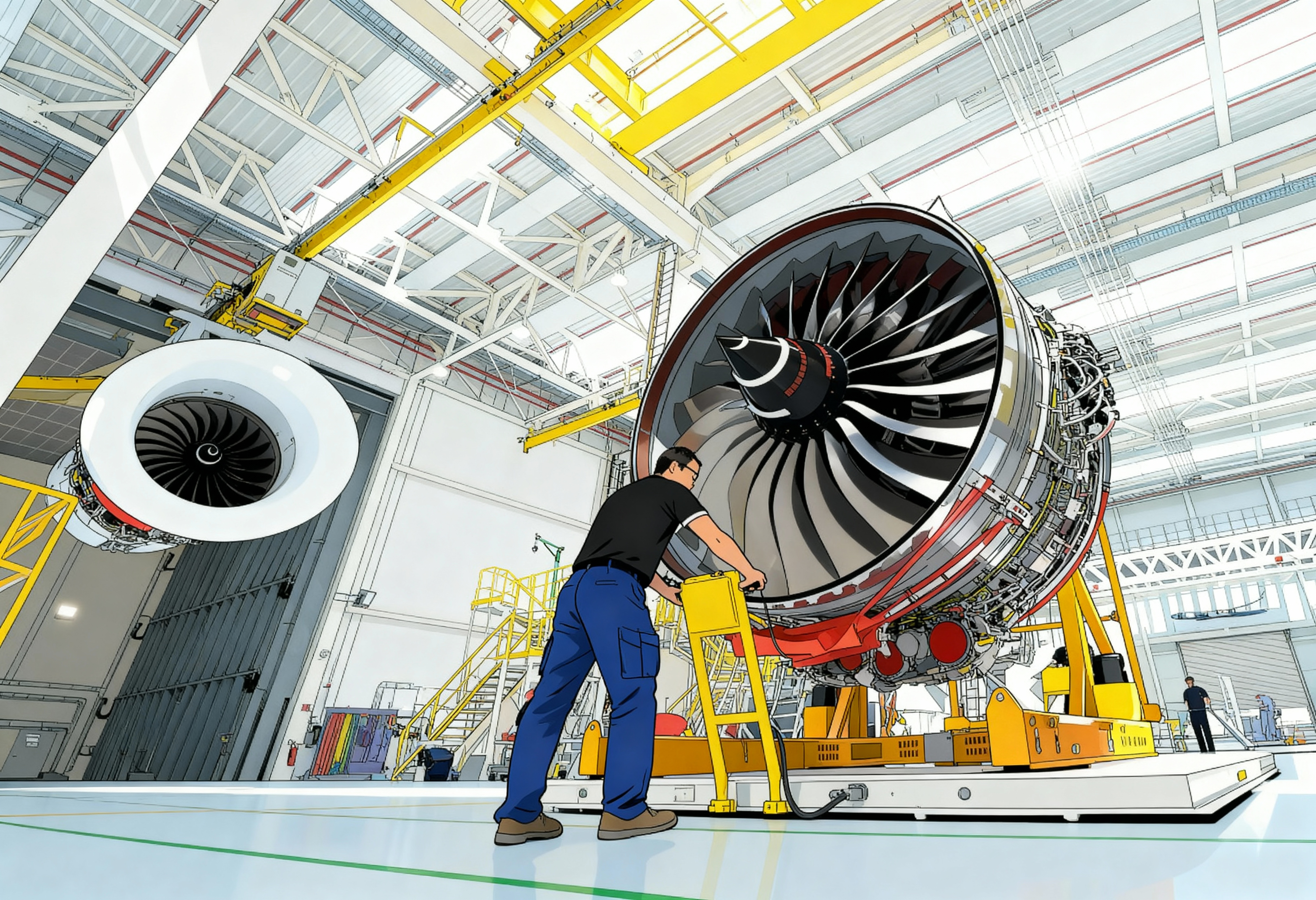 Ein Mechaniker arbeitet an einem Flugzeugtriebwerk in einer Fertigungshalle