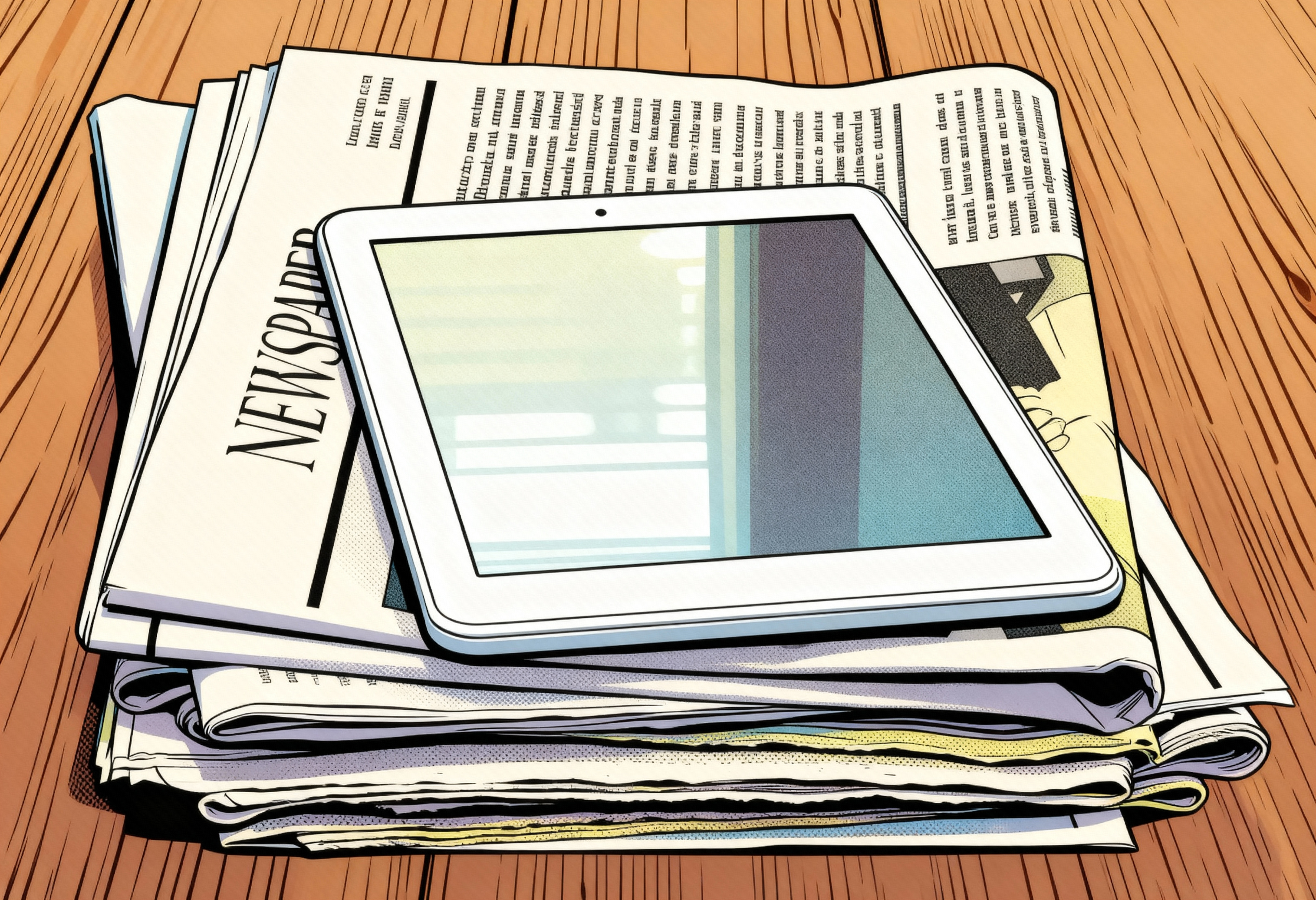 Ein Tablet liegt auf einem Stapel Zeitungen. AdobeStock_155735194_Zeitungen_und_Tablet-KIb.jpeg