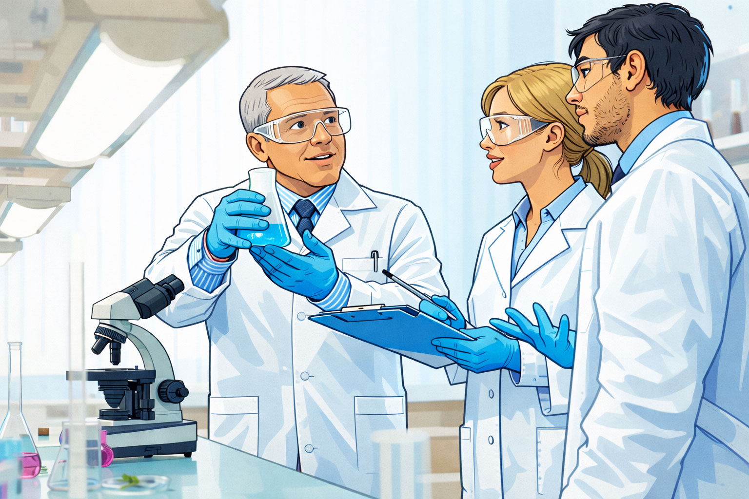 Illustration: Forschungsteam untersucht Proben mit Reagenzgläsern im Labor.