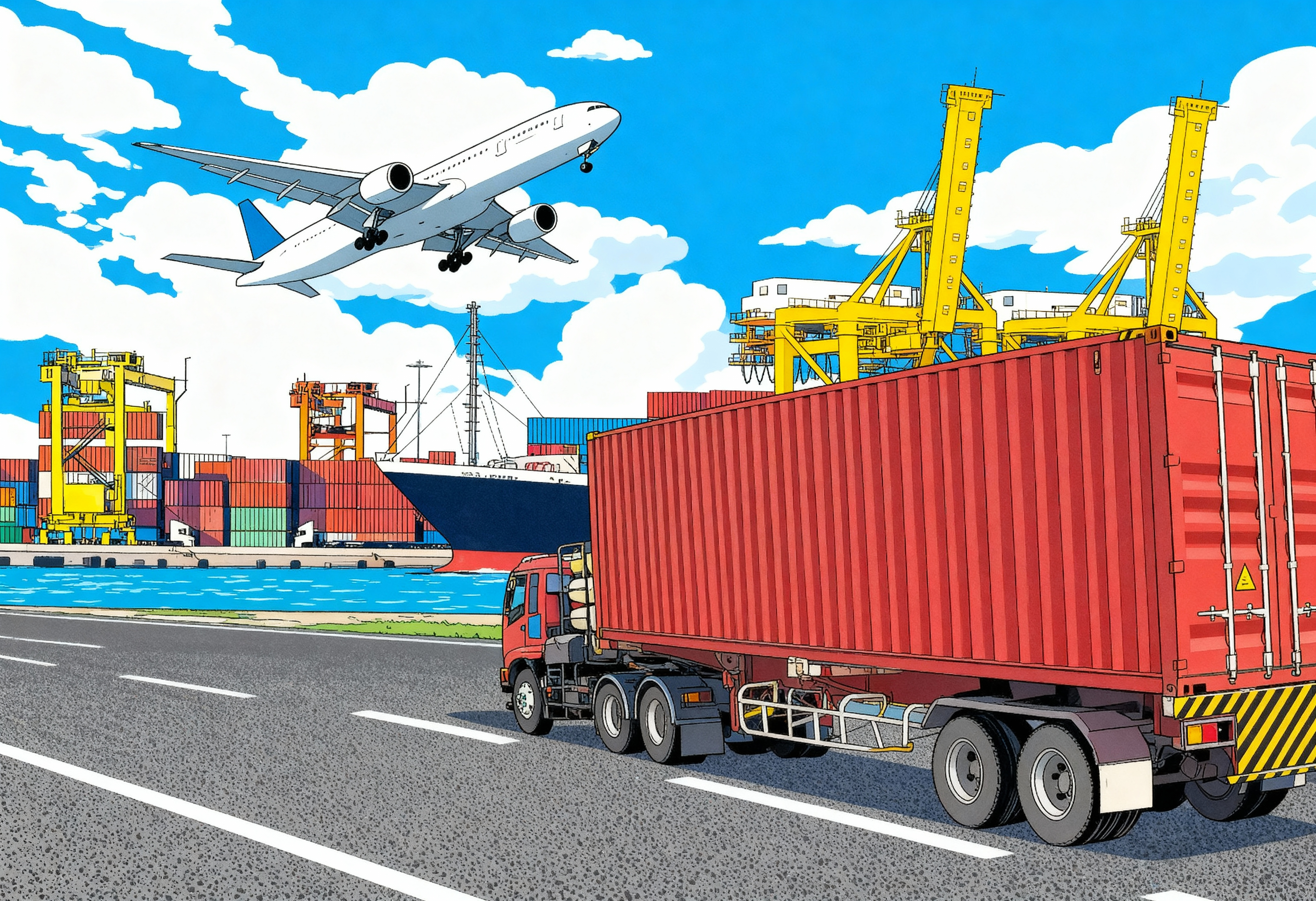 LKW auf der Straße, im Hintergrund ist ein Hafen und eine Wasserstraße und ein Flugzeug in der Luft