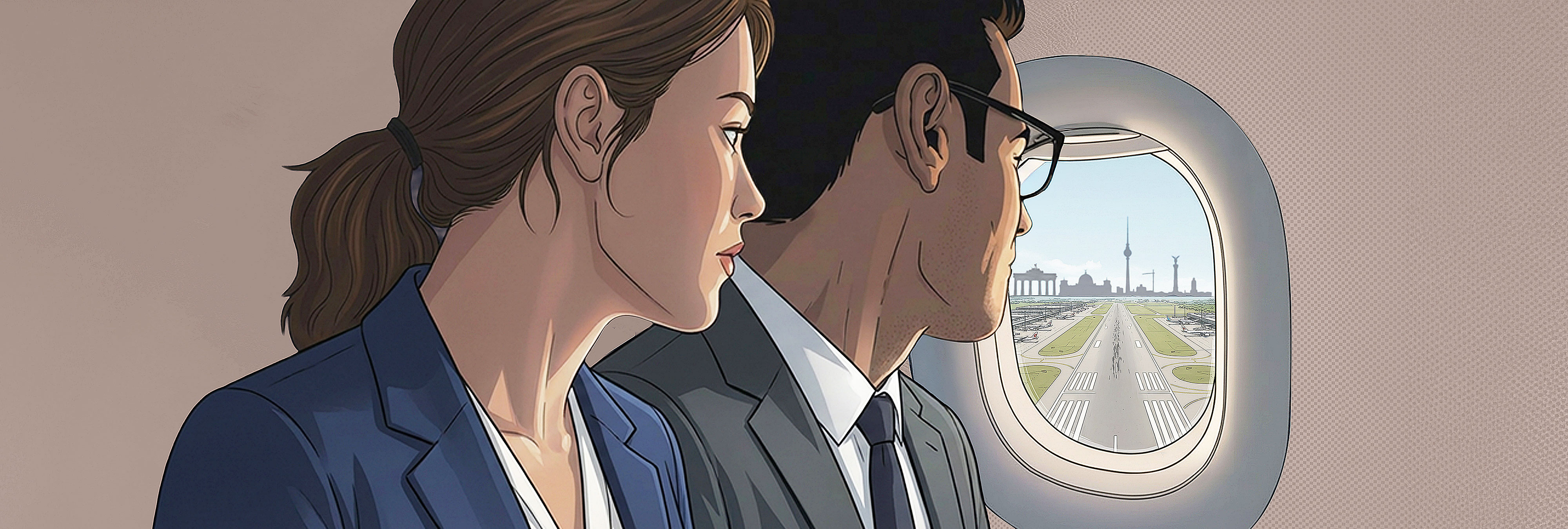 Zwei Geschäftsreisende im Flugzeug blicken auf die Airport-Region Berlin Brandenburg mit regionalen Wahrzeichen.