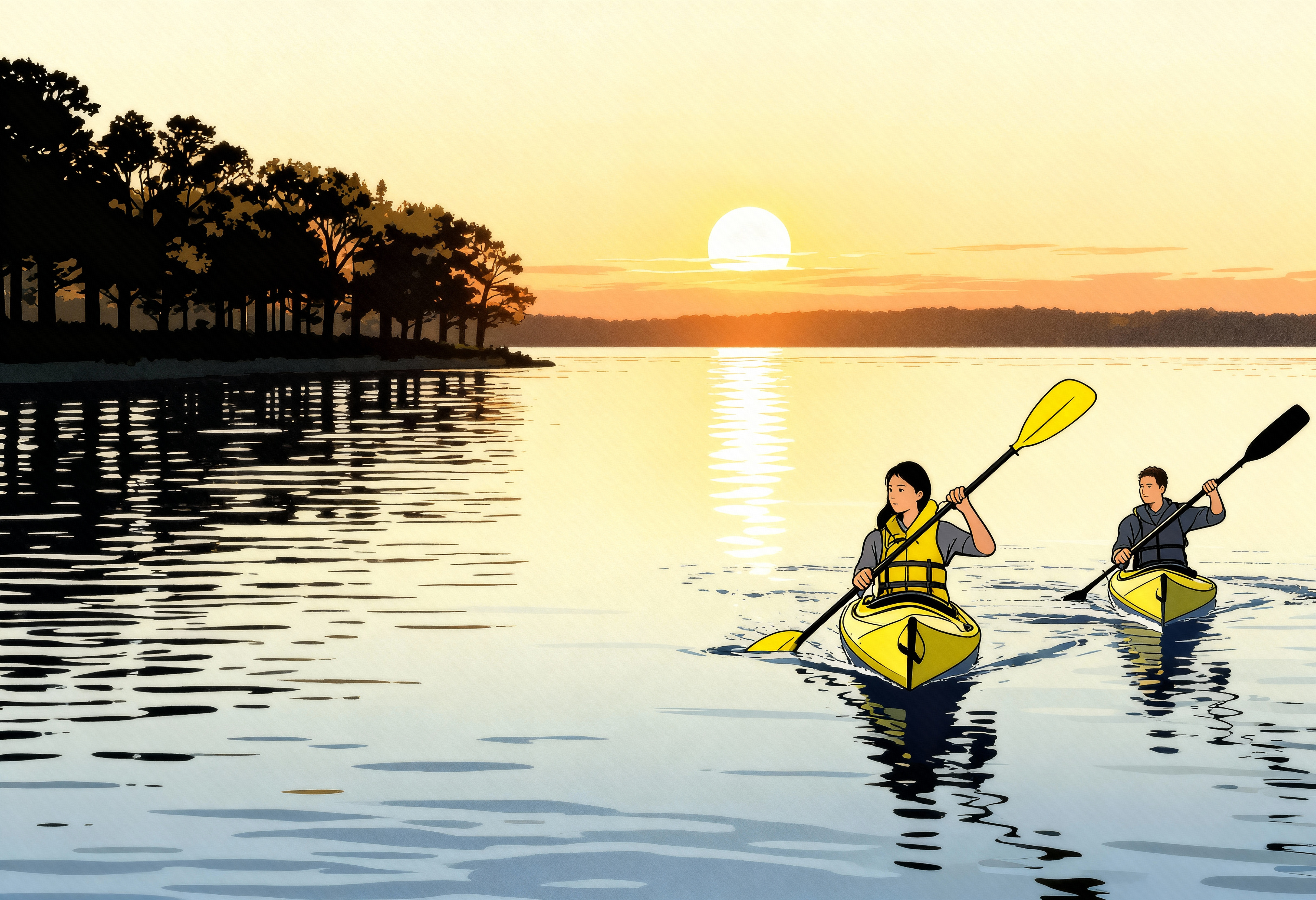 Kanuten auf einem See im Hintergrund die Sonne