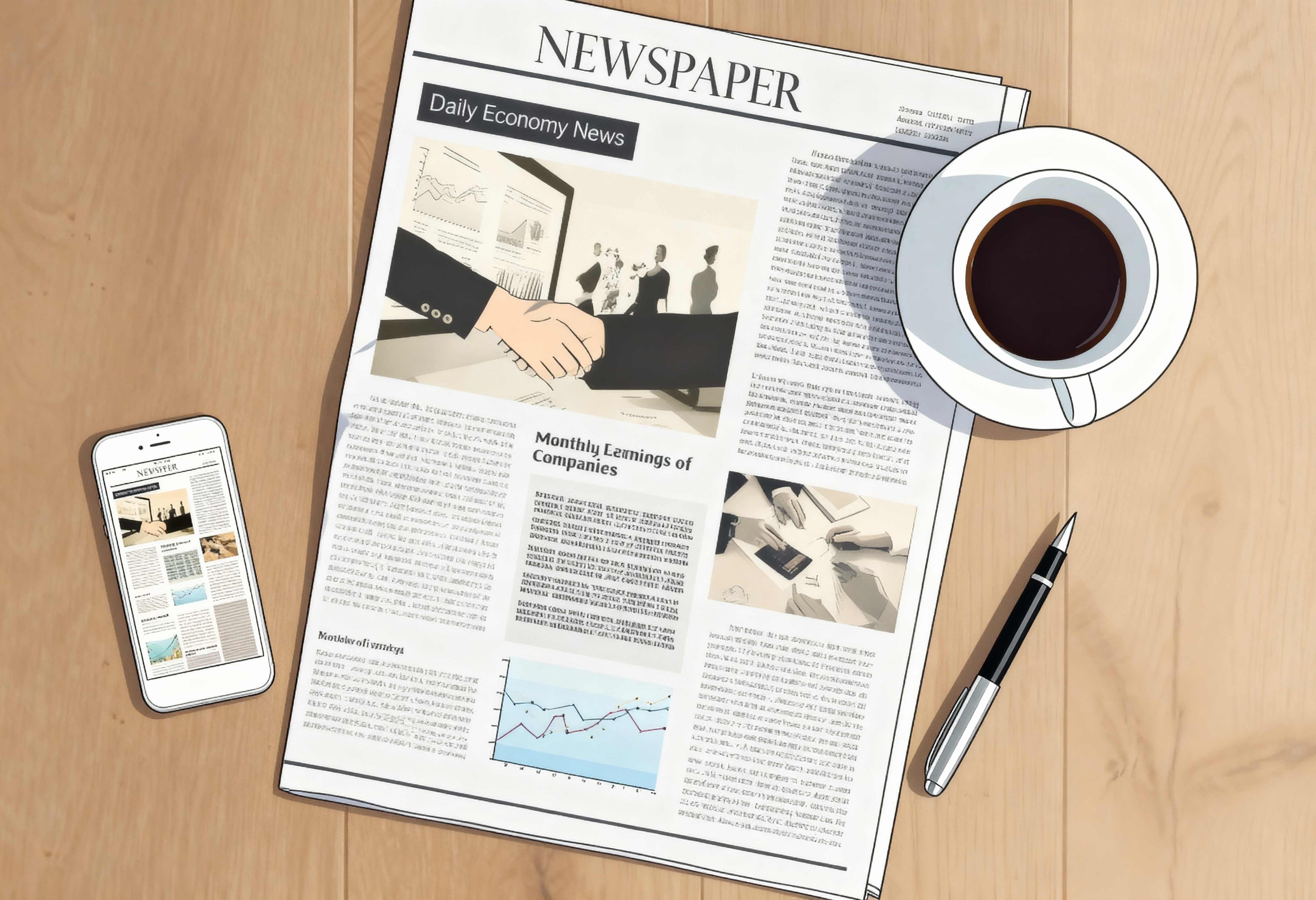 Auf einem Tisch liegen eine Zeitung, ein Smartphone, ein Stift und eine Tasse Kaffee.
